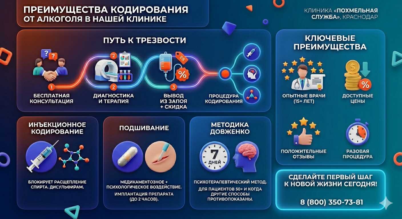 Инфографика о методах кодирования от алкоголя в Сибае: инъекции, подшивание, метод Довженко. Преимущества клиники и этапы лечения.