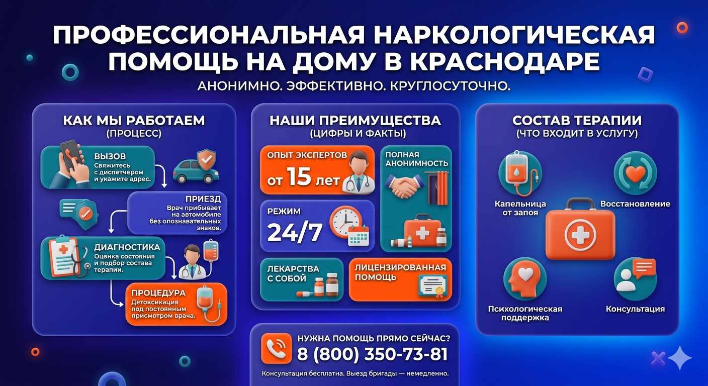 Инфографика о принципах лечения алкоголизма на дому в Сибае: этапы вызова нарколога, преимущества анонимной детоксикации и состав медицинской помощи.